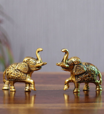 SKSM GOLD COLOR OXIDISED FINISH HANDCARVED SET OF HATHI Metal Elephant Set of 2 Decorative Showpiece  -  8 cm(Metal, Gold)