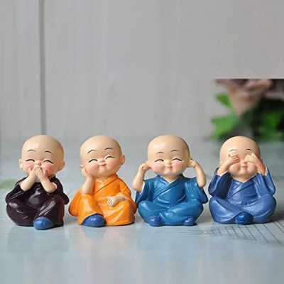 The Moms Decor House Four Monks Polyresin Buddha Idol Decorative Showpiece Baby Monk Buddha Set of 4 Decorative Showpiece  -  5 cm(Polyresin, Multicolor)
