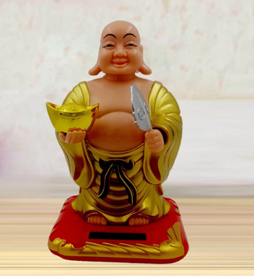 Aakriti Solar Laughing Buddha Holding Ingot & Waving Fan Moving Head & Fan for Health Wealth & Prosperity (9 x 8 x 13 cm) Decorative Showpiece  -  13 cm(Plastic, Multicolor)