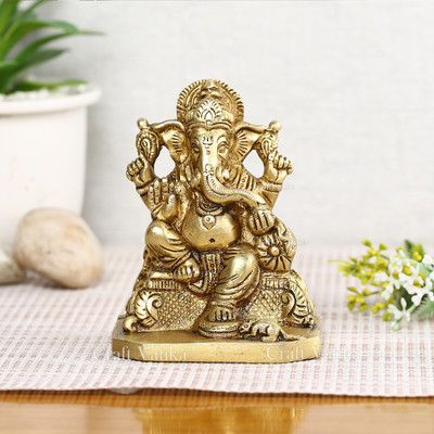 CraftVatika Brass Ganesha Idol Ganesh Murti Idols Statue Showpiece Decorative Showpiece  -  10.16 cm(Brass, Gold)
