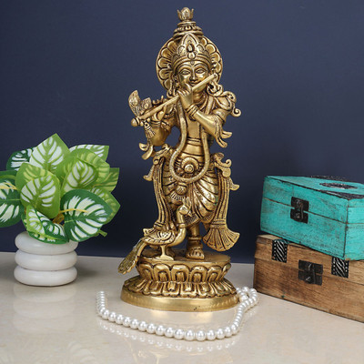 utsavicraft Exquisite Standing Krishna with Peacpck Sculpture Decorative Showpiece  -  31 cm(Brass, Gold)