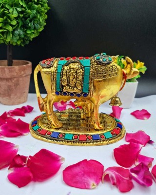 RSN Metal Stone Kamdhenu Cow and Calf Figunine Gold for Home Decor, Gifts, Showpiece Decorative Showpiece  -  12 cm(Aluminium, Multicolor)