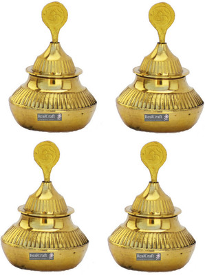 Real Craft Sindoor Dani Sindur Dibbi Kumkum Box -Pack of 4 Decorative Showpiece  -  7 cm(Brass, Gold)