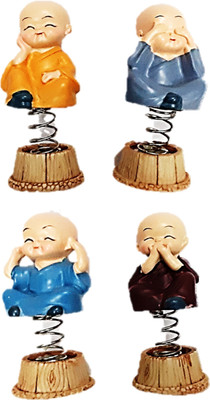 Spreading Smiles Monk with Spring stand set of 4 monks Decorative Showpiece  -  9 cm(Polyresin, Multicolor)