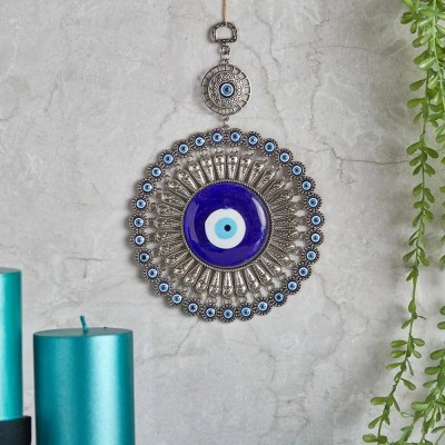 Vastu Art Vastu Fengshui Evil Eye Hanging Prevent Bad Energy & Bring Wealth, Nazar Battu Decorative Showpiece  -  25 cm(Metal, Glass, Blue, Silver)