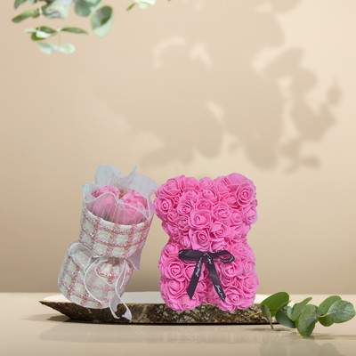 THE CLASSY CONCEPT The Classy Concept Forever Bloom Rose Teddy Decorative Showpiece  -  12 cm(Jute, Pink)