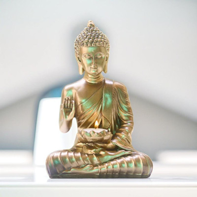 Miss Peach Elegant Resin Buddha Statue Showpiece For Home Decor Show pieces Gift Items Decorative Showpiece  -  23 cm(Polyresin, Gold)