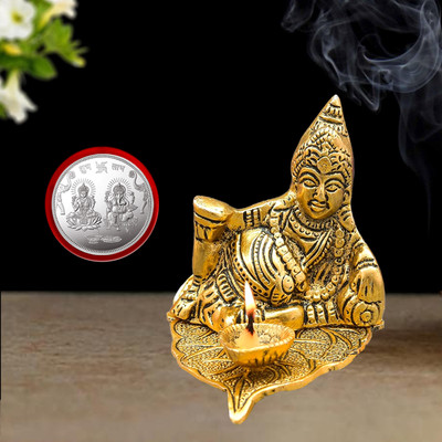 Kitlyn Kuber Deepak on Leaf |Laxmi Ganesh Coin|Kubera Diya Murti for Temple Decor Decorative Showpiece  -  9 cm(Aluminium, Gold)
