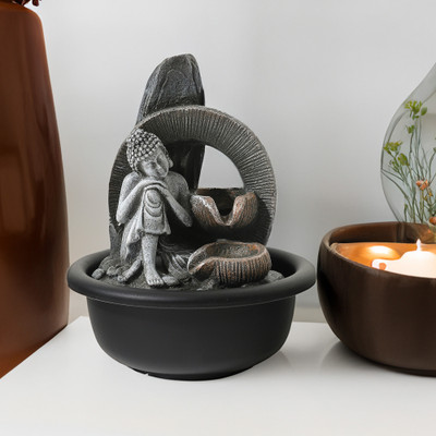 UMAI Polyresin Buddha Fountain for Home Decor with LED Lights Decorative Showpiece  -  19 cm(Resin, Grey)
