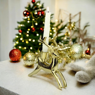 Hind Decor Golden Aluminum Reindeer Candle Holder Decorative Showpiece  -  18 cm(Aluminium, Gold)