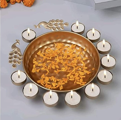 VRB Dec 12 Inch Urli with Peacock Shape Decorative Urli Bowl for Home Handcrafted Bowl Decorative Showpiece  -  5 cm(Brass, Pink)