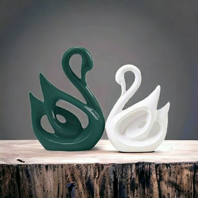 Crafoica Polyresin Swan Pair Showpiece for Home Decor, Diwali Gift Items Decorative Showpiece  -  26 cm(Ceramic, Green, White)