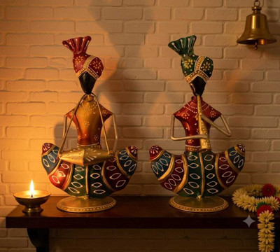 Handicrafy Handicrafy Sitting Rajasthani Folk Musician Metal Statue Pair Decorative Showpiece  -  23 cm(Iron, Multicolor)