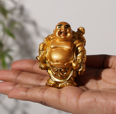 sculpmart Laughing Buddha For Money And Good Luck Small Size For Home Decor And Gifting Decorative Showpiece  -  7 cm(Resin, Gold)