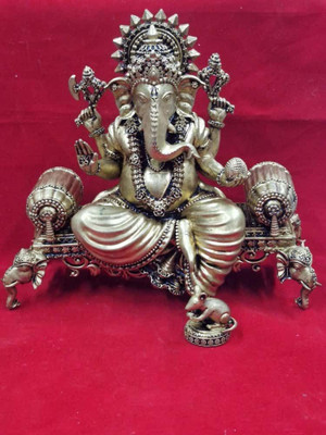 Vishal Murti Puja Bhandar Antique Brass Lord Ganesha Idol Sitting on Throne–Decorative Vinayaka Statue Decorative Showpiece  -  20 cm(Brass, Gold)