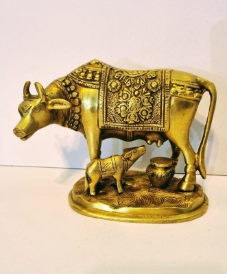 Vastu Shubharambh Brass Statue/Idol of Kamdhenu (Holy Cow) with Calf Decorative Showpiece  -  8 cm(Brass, Gold)