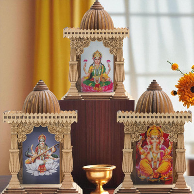LASER ART Premium Wooden Temple Set with Lakshmi, Saraswati & Ganesha Pictures Decorative Showpiece  -  10 cm(Wood, Multicolor)