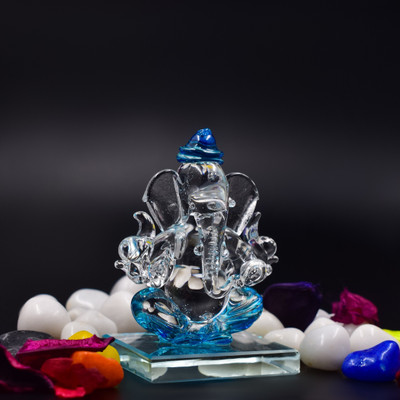 OURVIC Both Side Face Blessing Ganesha Idol For Car Dashboard Gift Table and Home Decor Decorative Showpiece  -  8 cm(Glass, Blue)