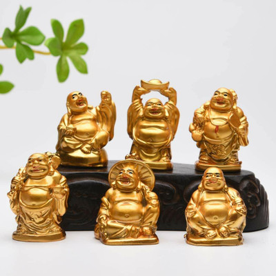 welno international Fengshui Vastu Golden Laughing Buddha 6 Pcs. Set For Happiness,Wealth,Prosperity Decorative Showpiece  -  5 cm(Resin, Gold)