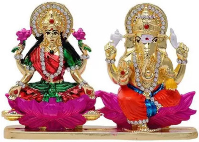 HUBZONES Gold Plated with Stone Lord Laxmi Ganesha Car Dashboard Statue Goddess Laxmi & Decorative Showpiece  -  7 cm(Cast Iron, Multicolor)