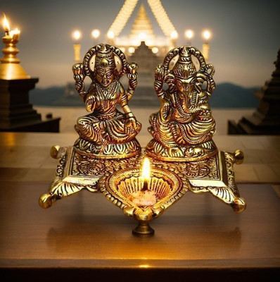 ETANSOKFFT Laxmi Ganesh with Chowki Idol | Ganesha Lakshmi Religious Figurine Sculpture Decorative Showpiece  -  12.2 cm(Gold Plated, Gold)