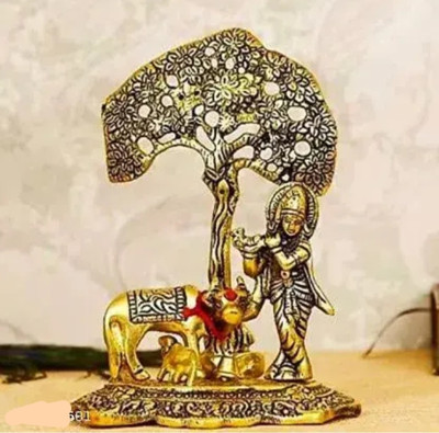 RUDRA COLLECTION Chhariya Krishna with cow under the tree metal golden polish Decorative Showpiece  -  12 cm(Aluminium, Gold)