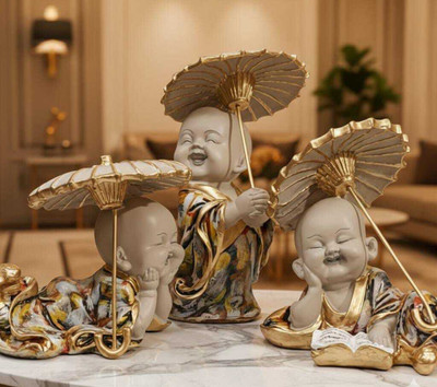 SAHAAI monk buddha home decor decorative showpiece light grey (set of 3) Decorative Showpiece  -  15 cm(Resin, Black)