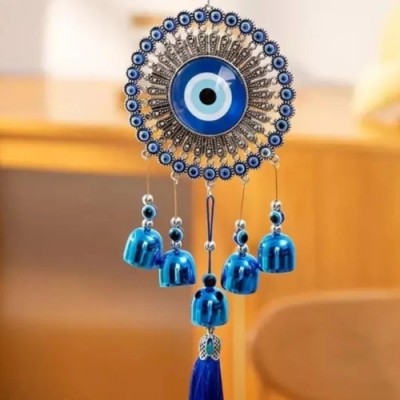 Divine Creations 5-Bell Evil Eye Wind Chime - Classic Design Hanging Ornament for Balcony Decorative Showpiece  -  30 cm(Metal, Blue)