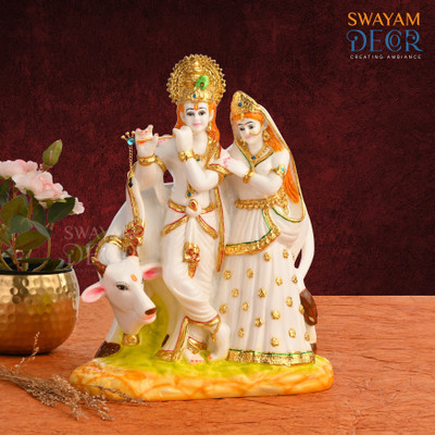 SWAYAM DÉCOR Polyresin Marble Radha Krishna Cow Idol -11 Inch (Gold & White)) Decorative Showpiece  -  28 cm(Marble, White)