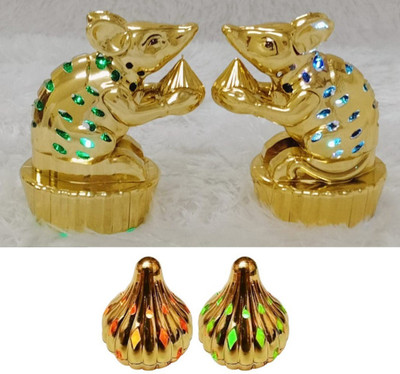 MacYess 2 PCS LED Mushak with 2 PCS LED Modak for Ganpati Decorations Decorative Showpiece  -  10 cm(Plastic, Gold)