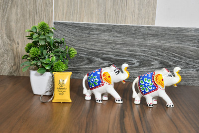 WALLSTORE Handmade Elephant Figurine Set of 2 for Living Room Décor and Gift Decorative Showpiece  -  7 cm(Plastic, White, Blue)