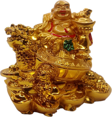 Anantamitra Feng Shui Laughing Buddha Figurine on Dragan & Coins for Good Luck & Prosperity Decorative Showpiece  -  6.5 cm(Polyresin, Gold)