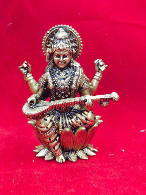 Vishal Murti Puja Bhandar Brass Goddess Saraswati Idol – Decorative Statue for Home & Office Decorative Showpiece  -  10 cm(Brass, Gold)