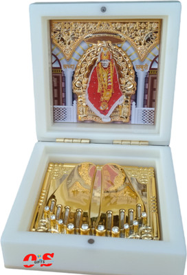 Saichha Gifts SaiBaba Photo Frame with Charan Paduka, Sadguru Sai Wooden Momento Decorative Showpiece  -  8 cm(Wood, Gold Plated, White)
