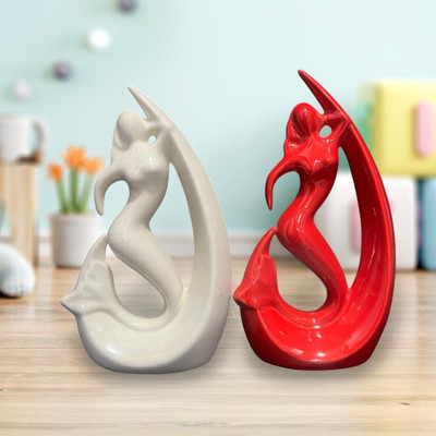 WEDONE Ceramic Mermaid Fish (Jalpari) Figurine – Large Princess Decorative Decorative Showpiece  -  27 cm(Ceramic, White, Red)
