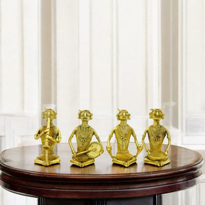 Natriel Dhokra Art Tribal Musicians - Intricately Crafted from Chhattisgarh Decorative Showpiece  -  12 cm(Brass, Gold)
