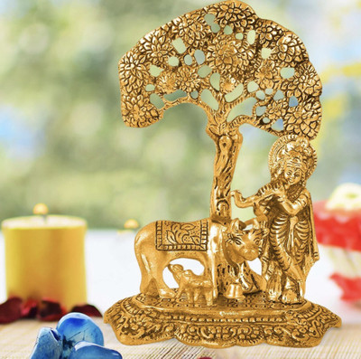 uniquepacks Metal Krishna with Cow Standing Under Tree Plying Flute Decorative Showpiece Decorative Showpiece  -  15 cm(Metal, Gold)