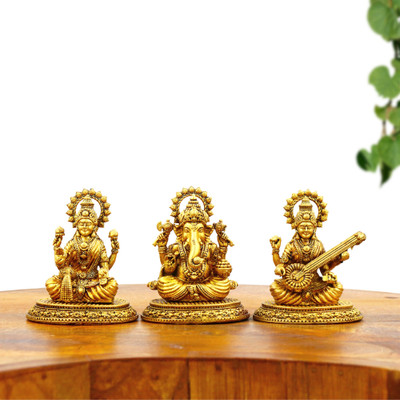 STARLIGHT Gold Plated Laxmi Ganesh Saraswati Idol – Metal Murti for Pooja Decorative Showpiece  -  7.62 cm(Brass, Gold)