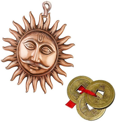 Aryshaa Good Qaulity Copper Wall Hanging Lord Surya/Sun/Suraj Face Metal Copper Colour God Idol (Pack 1 SURAJ WITH 3 LUCKY SHUI COINS) Decorative Showpiece  -  12 cm(Copper, Brown)