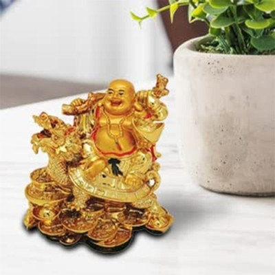 Divine Creations Laughing Buddha Sitting On Dragon Tortoise Signifies Gives Succes in your Home Decorative Showpiece  -  11.43 cm(Polyresin, Gold)