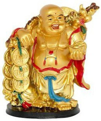 gandak Vastu / Feng Shui / Laughing Buddha with Coin Chain For Wealth And Happyness Home/Table/Office Decorative Showpiece  -  14 cm(Polyresin, Gold)