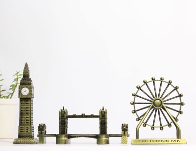 THE QUIRKY HOME Famous Monuments Combo London Bridge, Big Ben Tower, London Eye Model Souvenir Decorative Showpiece  -  15 cm(Metal, Brown)