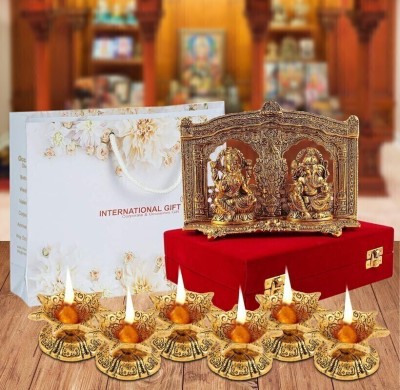 INTERNATIONAL GIFT Gold Plated Laxmi Ganesh Idol With 6 Jyot | Box & Bag | For Pooja, Mandir Decorative Showpiece  -  10 cm(Aluminium, Silver)