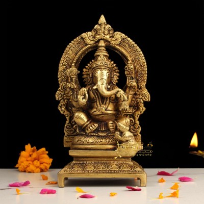 Banshi Handicrafts and Arts 19CM Brass Ganesha Sitting on Throne, Ganesha Statue, Ganesh, Diwali Decorative Showpiece  -  19 cm(Brass, Gold)