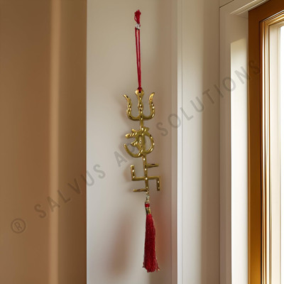 salvusappsolutions Brass Om Trishul Swastik Trishakti Yantra with Red Dhaga (6 inch_Golden) Decorative Showpiece  -  15 cm(Brass, Gold)