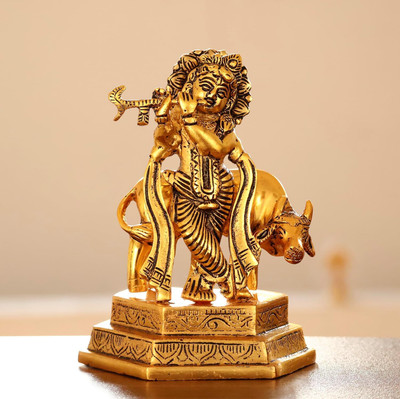 KridayKraft Lord Cow Krishna with Flute Gold-Plated Religious Showpiece Decorative Figurine Decorative Showpiece  -  17 cm(Aluminium, Gold)