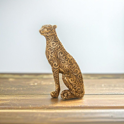 Miss Peach Panther Sitting Position Animal Showpiece Antique Sculpture for Home Decor Decorative Showpiece  -  13 cm(Polyresin, Gold)