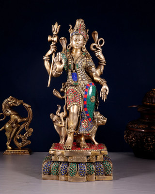 BrassAura Brass Gem Stone Work Aardhnareshwar Idol for Home and Decor Decorative Showpiece  -  48 cm(Brass, Gold)