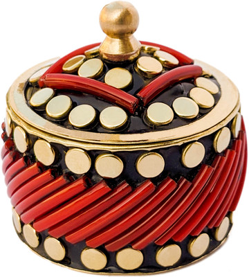 Koil Red Loop & Gold/Black Sindoor Dibbi: Red Loops & Shiny Brass Kumkum Box Decorative Showpiece  -  5 cm(Metal, Red)