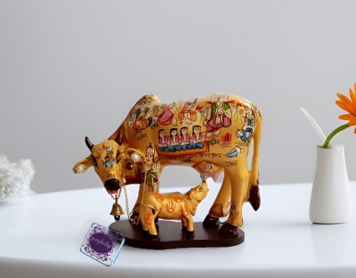 Purpledip Resin Idol Kamdhenu Wish Cow & Calf: Hindu Gods Painted Good Luck Statue Decorative Showpiece  -  14 cm(Polyresin, Multicolor)